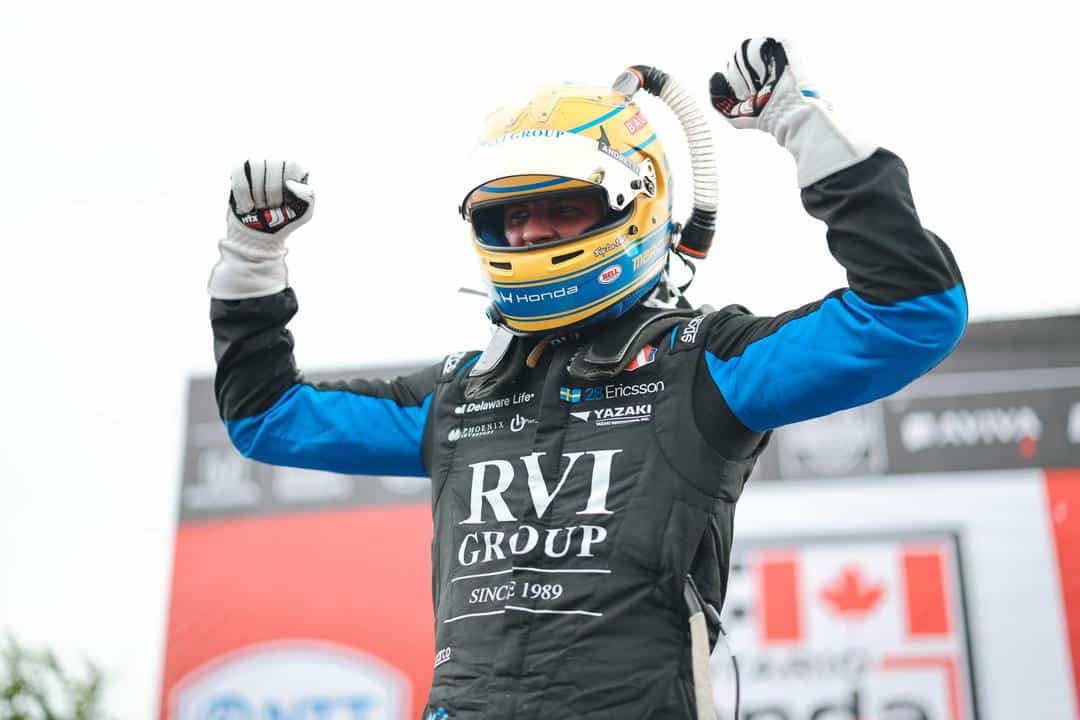 Marcus Ericsson celebrates after winning at Markham.