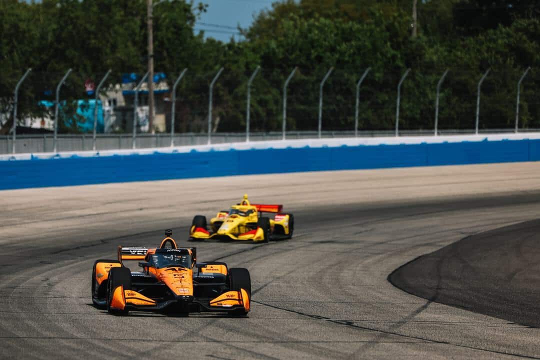 Pato O'Ward and Alex Palou drive at Milwaukee.