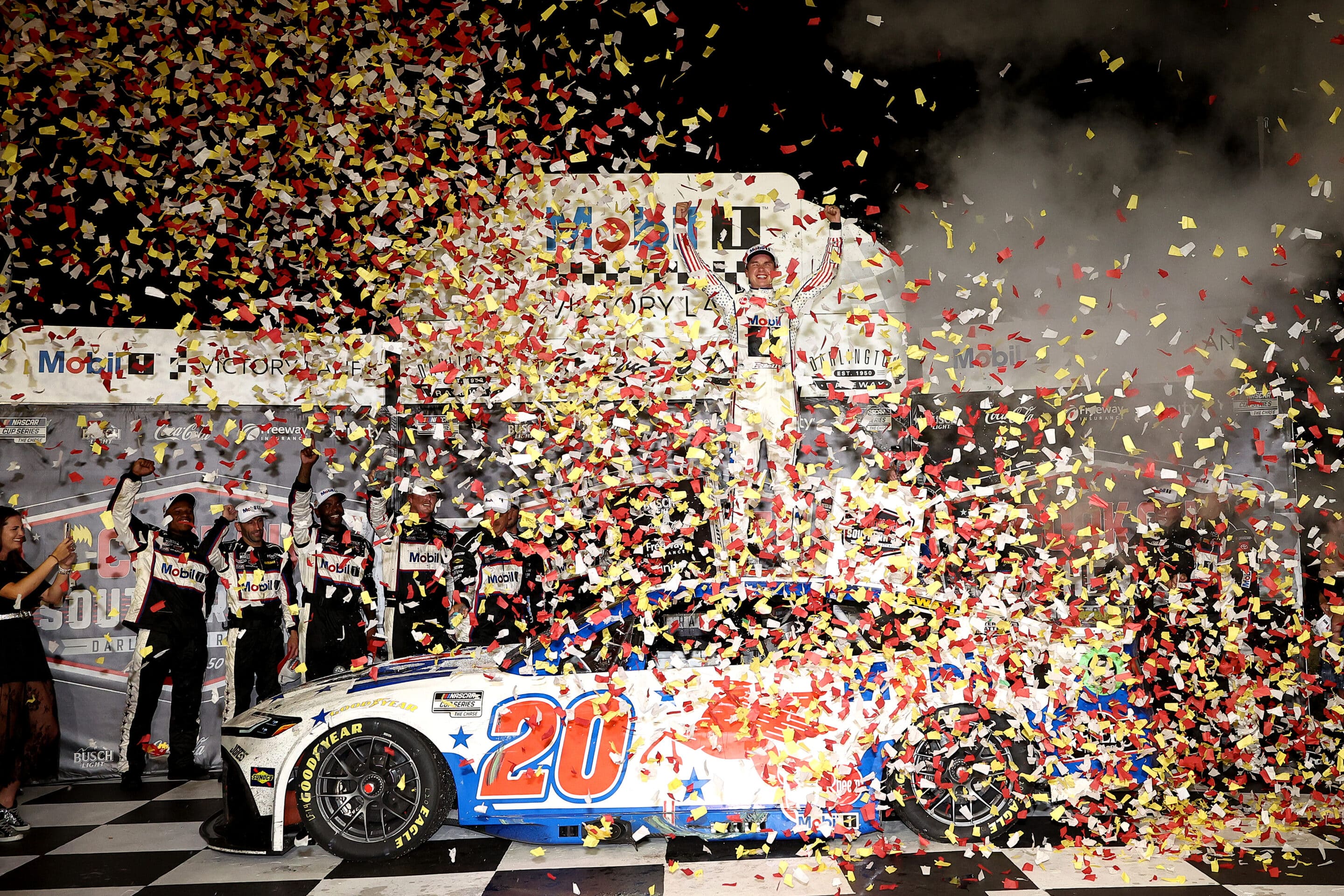 Christopher Bell celebrates in Victory Lane at Darlington.