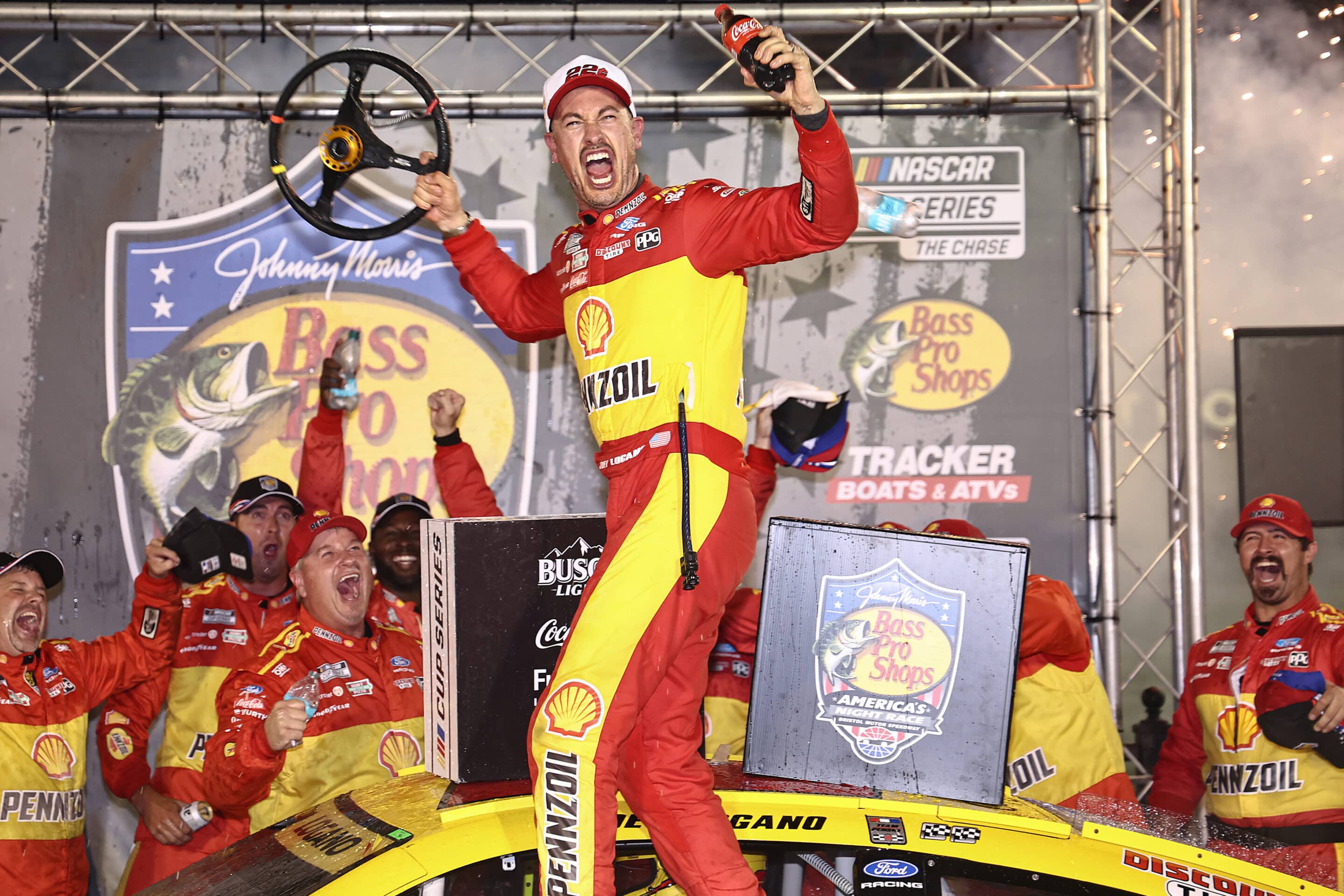 Joey Logano celebrates in Victory Lane at Bristol.