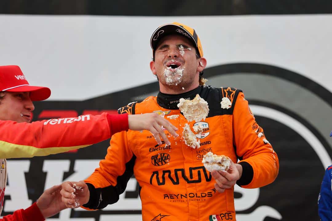 Pato O'Ward gets a pie in the face at Milwaukee.
