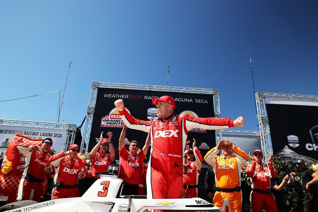 Scott McLaughlin celebrates after winning at Laguna Seca.