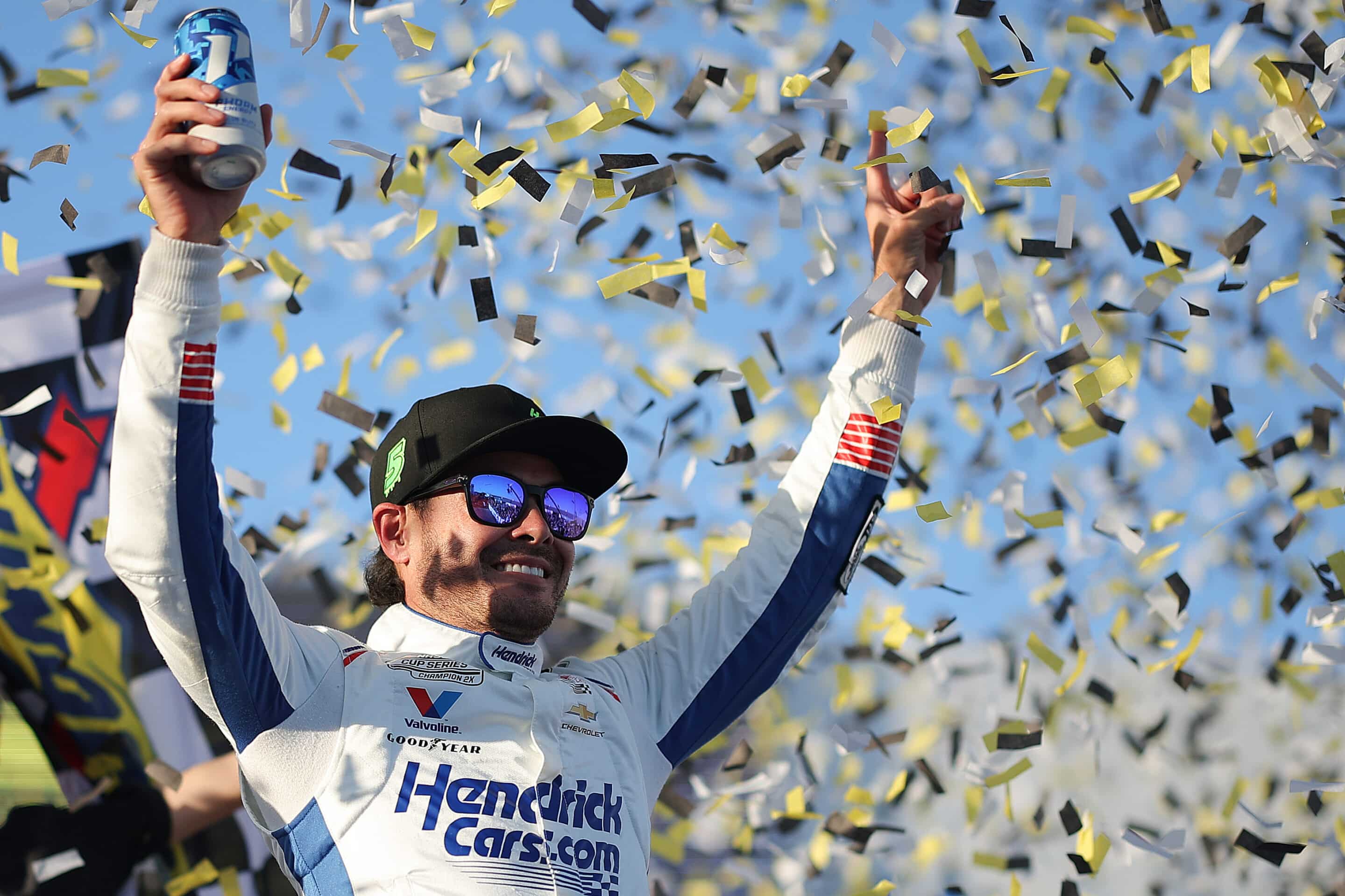 Kyle Larson celebrates in Victory Lane at Talladega.
